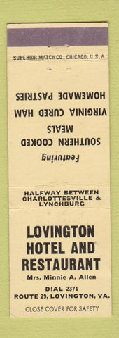 Matchbook Cover - Lovington Hotel Restaurant Lovington VA