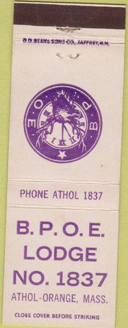 Matchbook Cover - Matchbook Cover Elks Club Athol Orange MA