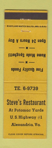 Matchbook Cover - Steve's Restaurant Alexandria VA WEAR