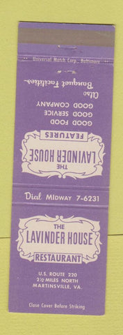 Matchbook Cover - Lavinder House Restaurant Martinsville VA