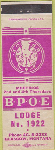 Matchbook Cover - Matchbook Cover Elks Club Glasgow MT