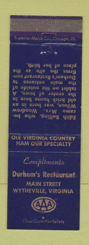 Matchbook Cover - Durham's Restaurant Wytheville VA