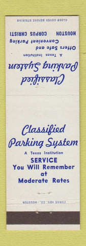 Matchbook Cover - Classified Parking System Houston Corpus Christi TX