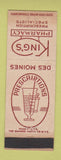 Matchbook Cover - King's Pharmacy Drug Store Des Moines IA WEAR