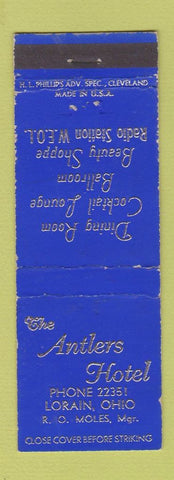Matchbook Cover - Antlers Hotel Lorain OH Radio WEOL WEAR