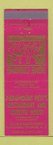 Matchbook Cover - Paramount Pete's Restaurant Lobster House Saratoga Springs NY