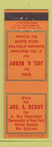 Matchbook Cover - Jos Beddy for Commander US Spanish War Veterans New York City