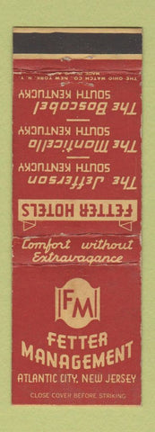 Matchbook Cover - Fetter Hotels Atlantic City NJ WEAR