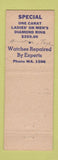 Matchbook Cover - Sol Rose Jewelry Bulova Elgin Gruen Watches Houston TX WEAR