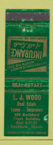 Matchbook Cover - LJ Wood Real Estate Insurance Rockford IL WORN