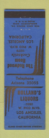 Matchbook Cover - Holland's Liquors Los Angeles CA Redwood Room bar WEAR