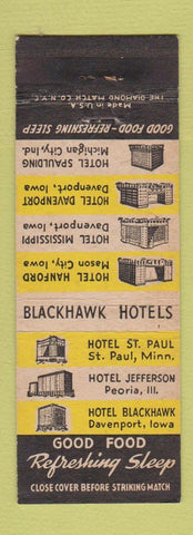 Matchbook Cover - Blackhawk Hotels Peoria St Paul MN Davenport IA WEAR
