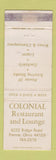 Matchbook Cover - Colonial Restaurant Parma OH WORN