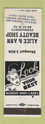 Matchbook Cover - Alice and Ann Beauty Shop Palo Alto CA STICKER ADDRESS