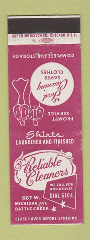 Matchbook Cover - Reliable Cleaners Battle Creek MI
