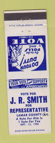 Matchbook Cover - JR Smith Rep Election Lamar County GA 1956