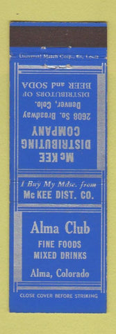 Matchbook Cover - Alma Club Alma Colorado McKee Distributing Denver