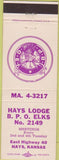 Matchbook Cover - Matchbook Cover Elks Club Hays KS