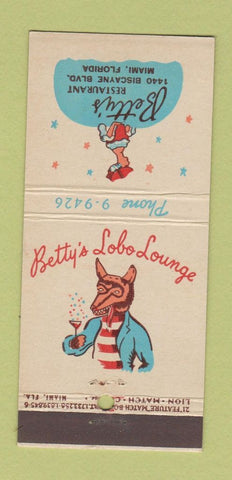 Matchbook Cover - Betty's Lobo Lounge Restaurant Miami FL 21 Strike Feature