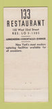 Matchbook Cover - 133 Restaurant New York City 30 Strike