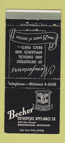 Matchbook Cover - Becker Orthopedic Appliance  Birmingham AL WEAR 30 Strike