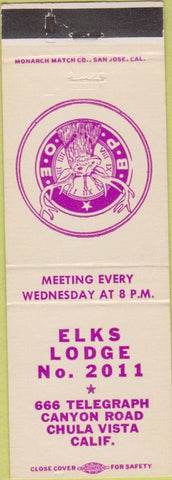 Matchbook Cover - Matchbook Cover Elks Club Chula Vista CA