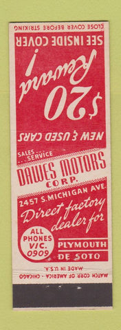 Matchbook Cover - Dawes Motors Plymouth DeSoto Chicago IL