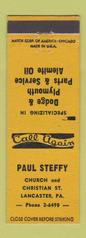 Matchbook Cover - Paul Steffy Lancaster PA Dodge Plymouth Alemite Oil