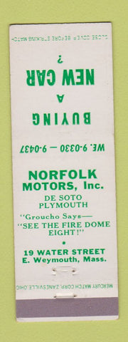 Matchbook Cover - Norfolk Motors DeSoto Plymouth East Weymouth MA