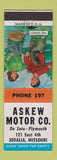 Matchbook Cover - Askew Motors DeSoto Plymouth Sedalia MO low phone #