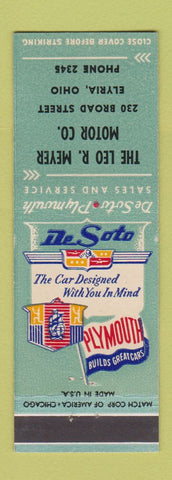 Matchbook Cover - DeSoto Plymouth Leo Meyer Elyria OH low phone #