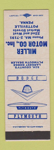 Matchbook Cover - Miller Motors Dodge Plymouth Pottsville PA