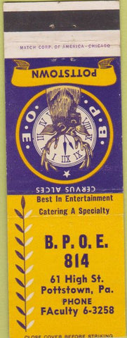 Matchbook Cover - Matchbook Cover Elks Club Pottstown PA
