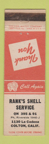 Matchbook Cover - Rank's Shell oil gas Colton CA WEAR