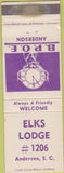 Matchbook Cover - Matchbook Cover Elks Club Anderson SC
