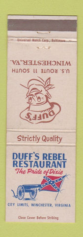 Matchbook Cover - Duff's Rebel Restaurant Winchester VA WEAR