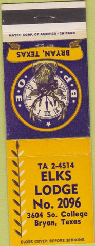 Matchbook Cover - Matchbook Cover Elks Club Bryan TX