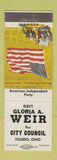Matchbook Cover - Gloria A Weir for City Council Election Toledo OH