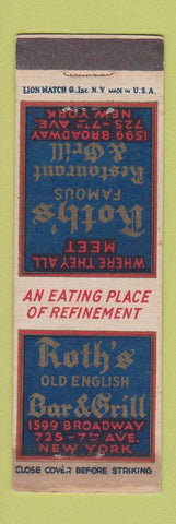 Matchbook Cover - Roth's Bar Grill New York City