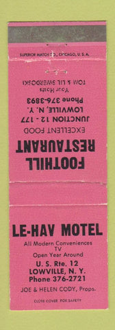 Matchbook Cover - Foothill Restaurant Le Hav Motel Lowville NY