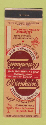 Matchbook Cover - Rosenhain's Restaurant Bar Bronx NY New York City