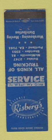 Matchbook Cover - Risberg's Trucking Portland Sheridan McMinnville OR WEAR