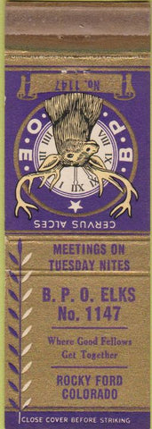 Matchbook Cover - Matchbook Cover Elks Club Rocky Ford CO