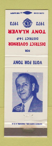 Matchbook Cover Lions Club District Governor Tony Klaver 1973 WEAR Boyertown PA