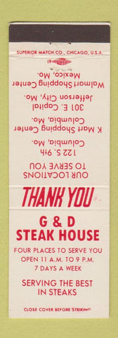 Matchbook Cover - G&D Steak House Mexico MO Jefferson City Columbia