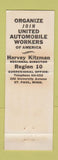 Matchbook Cover - UAW United Auto Workers Union St Paul MN Harvey Kitzman