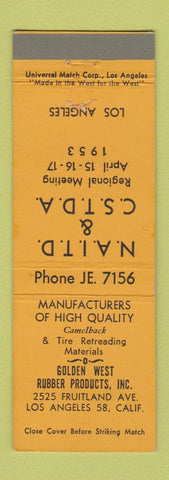 Matchbook Cover - Tire Retreading Materials Los Angeles CA Golden West Rubber