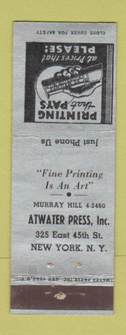 Matchbook Cover - Atwater Press Printing New York City