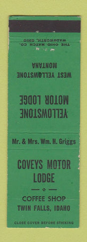 Matchbook Cover - Yellowstone Motor Lodge West Yellowstone MT Coveys Twin Falls