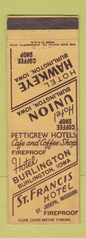 Matchbook Cover - Hotel Union Burlington IA Hawkeye St Joseph MO